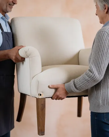 Un client et un professionnel vérifient une chaise réparée avec une couture visible, devant des murs clairs, le client sourit.