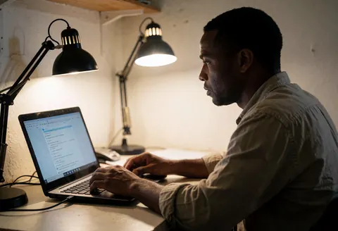 Un homme adulte travaille sur un ordinateur portable posé sur un bureau, éclairé par deux lampes de bureau, dans un espace aux murs blancs et à l'ambiance de studio.