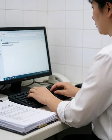 Un administrateur de bureau tape sur un clavier avec une pile de documents prêts à être traités devant lui, dans un environnement aux murs carrelés blancs.