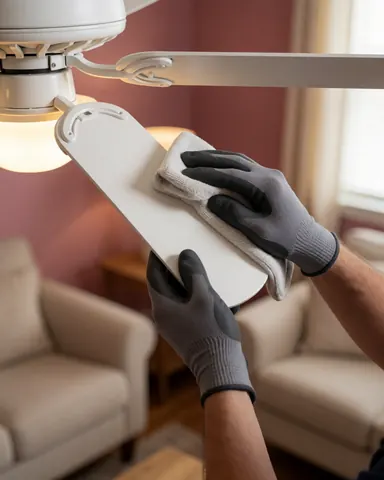 Une main portant un gant de microfibre nettoie l'hélice d'un ventilateur blanc dans un intérieur lumineux avec murs et meubles neutres.