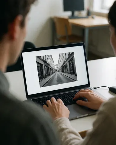 Une cliente vérifie une photographie en noir et blanc sur un ordinateur portable dans un bureau, évoquant un environnement professionnel et urbain.