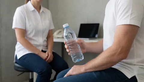 Une cliente tient une bouteille d'eau dans un cabinet de massage sportif, avec un thérapeute en arrière-plan sur un mur de béton, dans une ambiance relaxante.