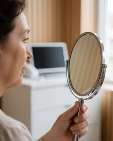 Une femme examine sa peau avec un miroir dans une clinique aux murs clairs et à la lumière naturelle.