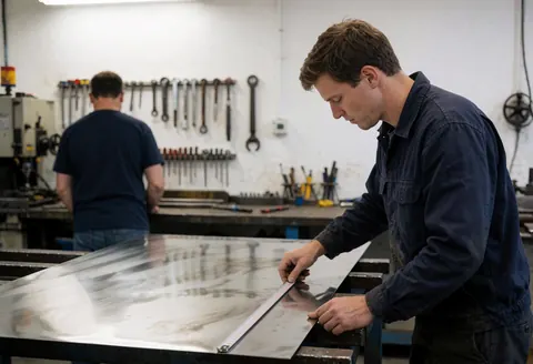 Un ouvrier mesure une plaque d'acier inoxydable dans un atelier industriel avec des outils suspendus sur un mur blanc.