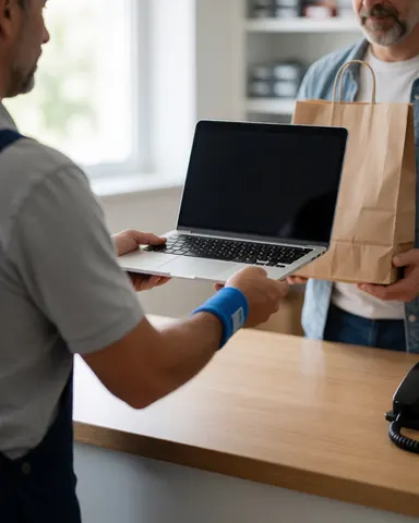 Un technicien en réparation d'ordinateurs remet un ordinateur portable à un client dans un magasin, avec une sacoche et une lumière naturelle, dans une scène réaliste.