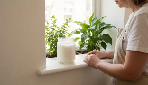 Un pot de beurre de coco posé sur un rebord de fenêtre baigné de lumière naturelle, entouré de plantes vertes dans un espace de bien-être.