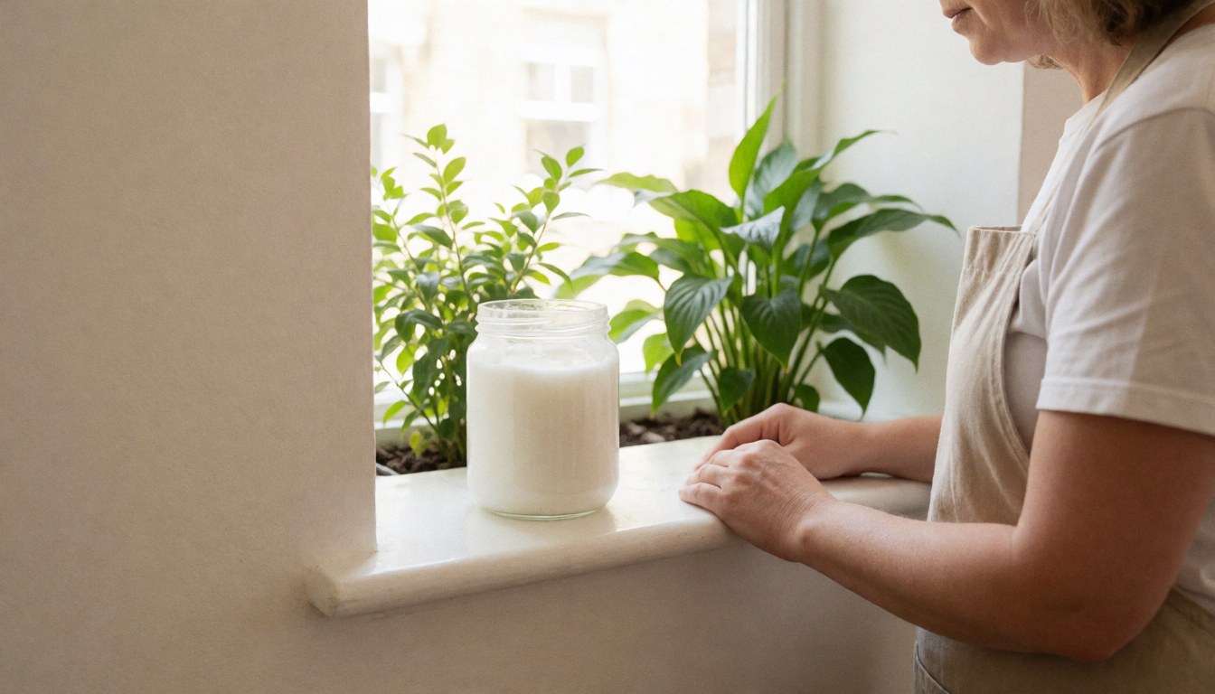 Un pot de beurre de coco posé sur un rebord de fenêtre baigné de lumière naturelle, entouré de plantes vertes dans un espace de bien-être.