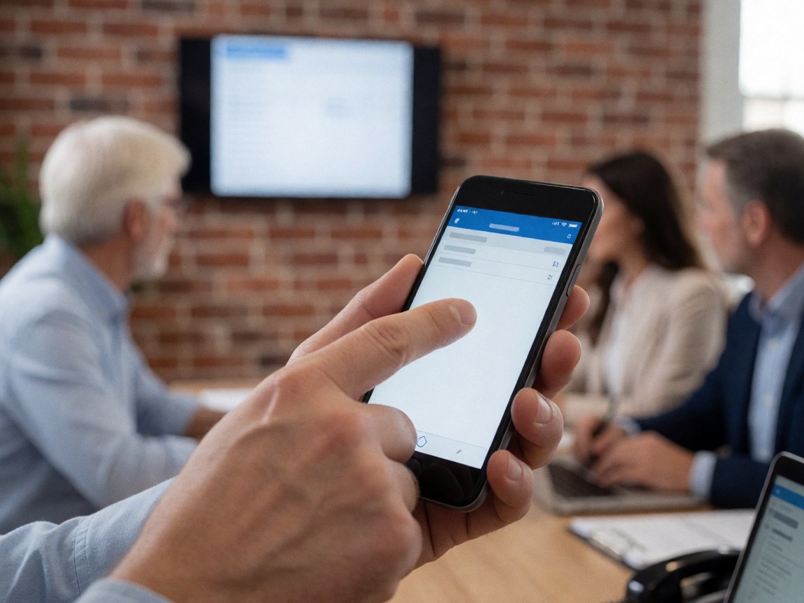 Une main indique un détail sur l'écran d'un téléphone dans un bureau avec un mur en briques, idéal pour une entreprise de réparation de téléphones.