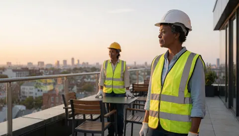 Deux professionnelles portant casques et gilets de sécurité sur une terrasse meublée, observant la ville au crépuscule dans un contexte de construction.