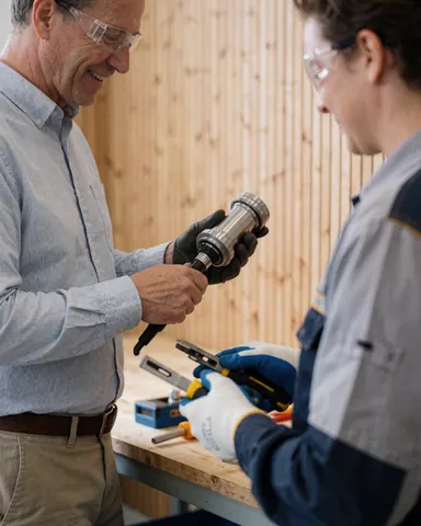 Deux techniciens examinent attentivement une pièce métallique dans un atelier aux murs en bois avec des outils sur la table.