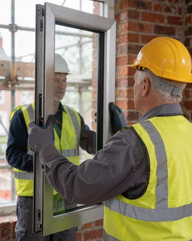 Un technicien en casque et gilet de sécurité installe une fenêtre en aluminium sur un mur en briques rouges sur un chantier en cours.
