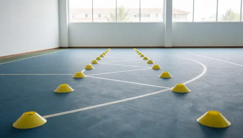 Cones d'entraînement jaunes disposés sur un sol bleu marqué de lignes blanches dans un gymnase baigné de lumière naturelle.