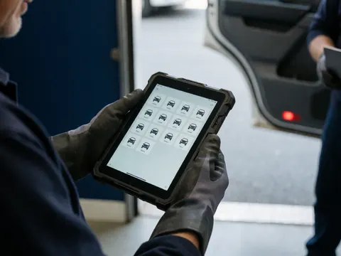 Des mains portant des gants de travail tiennent une tablette affichant des icônes de véhicules, devant la porte d'un camion dans un atelier de remorquage.