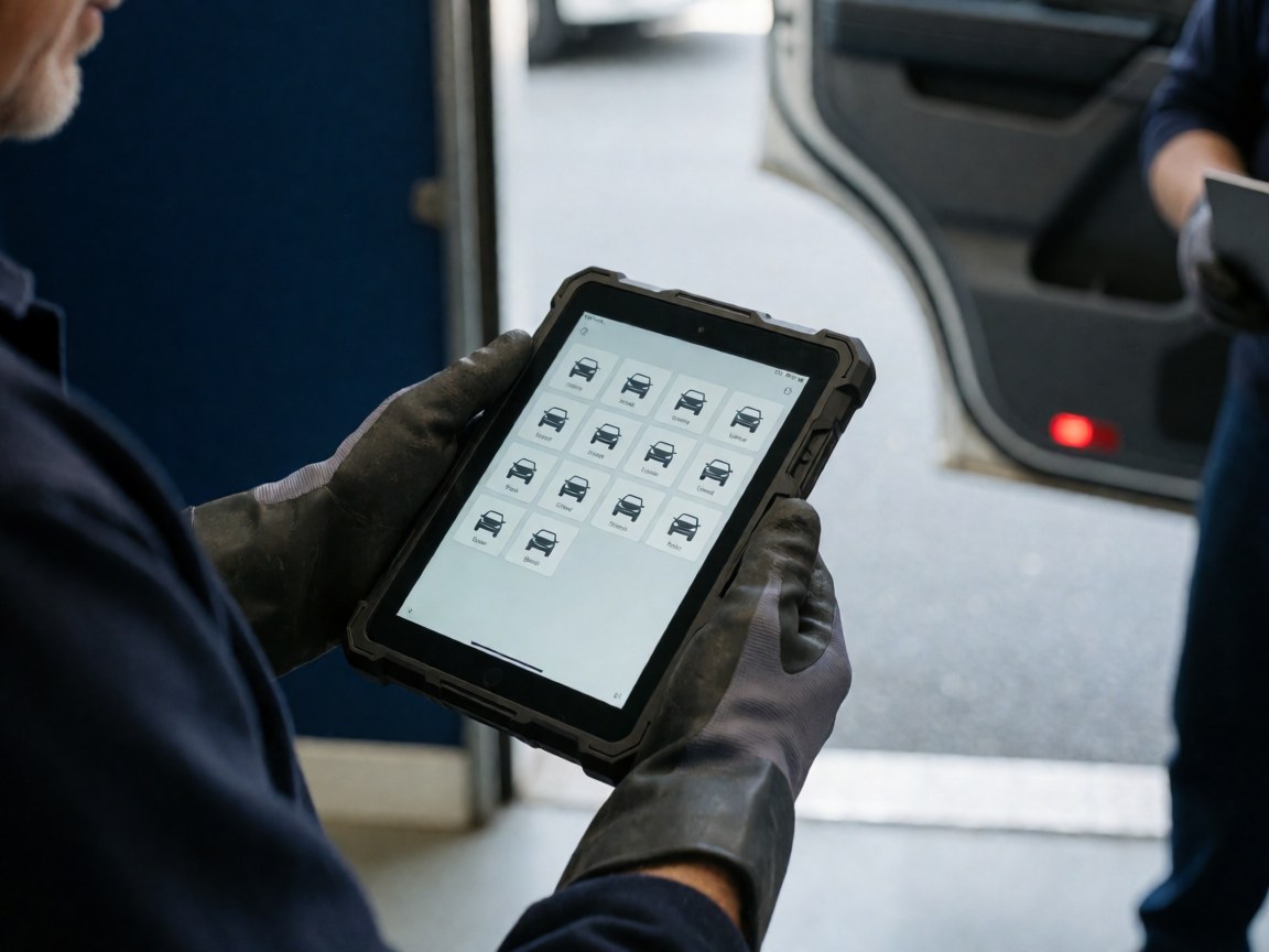Des mains portant des gants de travail tiennent une tablette affichant des icônes de véhicules, devant la porte d'un camion dans un atelier de remorquage.