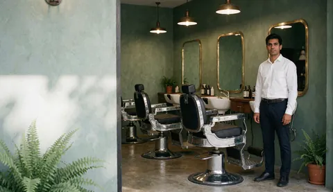 Un barbier se tient debout dans un salon de coiffure équipé de chaises vintage, de miroirs en bronze et de murs verts mat, avec une plante en pot visible.