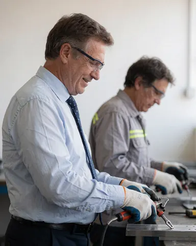 Un homme portant des lunettes de sécurité et des gants utilise un outil métallique dans une usine aux murs blancs.