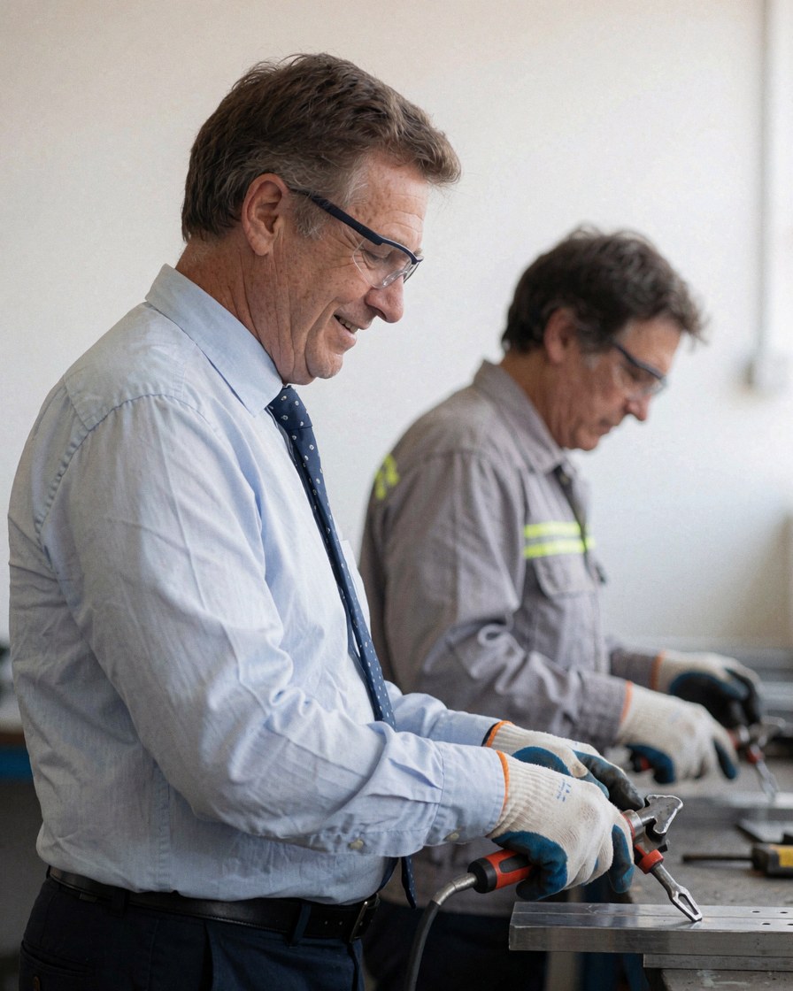 Un homme portant des lunettes de sécurité et des gants utilise un outil métallique dans une usine aux murs blancs.