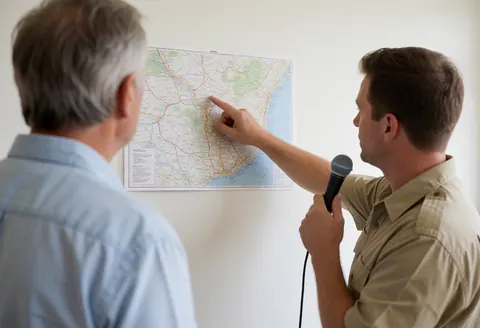 Un guide en uniforme kaki explique un itinéraire sur une carte murale à un client attentif dans un zoo.