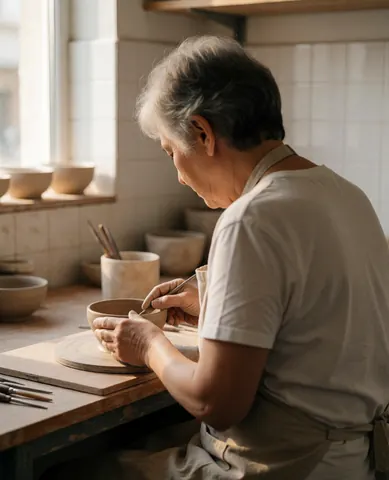 Un artisan façonne un bol en argile avec des outils dans un atelier aux murs carrelés et à la lumière naturelle.
