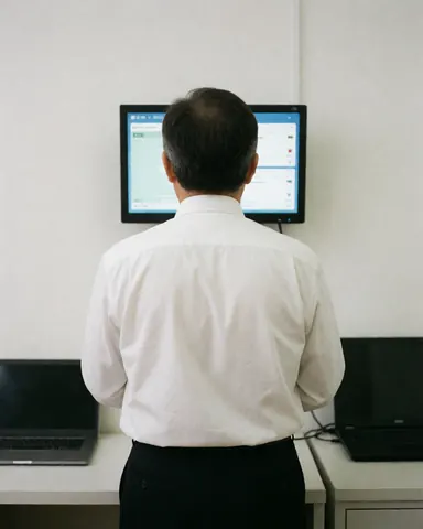 Un professionnel de dos examine un moniteur numérique dans un bureau moderne et épuré aux murs blancs et au mobilier fonctionnel.