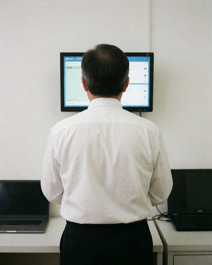 Un professionnel de dos examine un moniteur numérique dans un bureau moderne et épuré aux murs blancs et au mobilier fonctionnel.