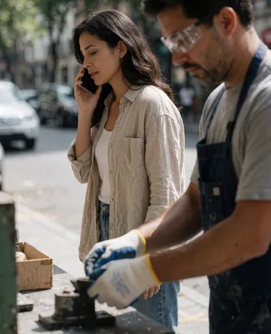 Un ouvrier équipé de gants et de lunettes de sécurité manipule des outils dans un environnement urbain extérieur, distinct d'un atelier industriel.