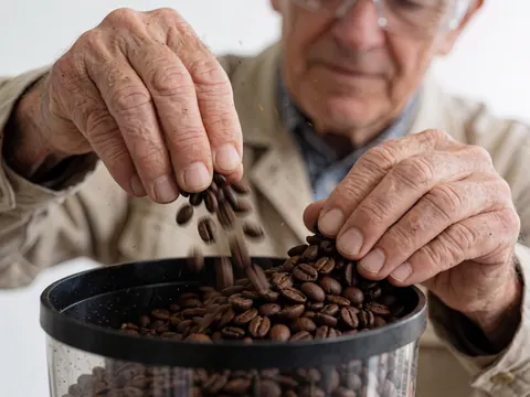 Des mains d'adulte transportent des grains de café foncé dans un moulin à café avec des particules en suspension dans l'air