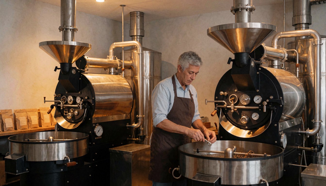 Un torréfacteur professionnel examine des grains de café dans une machine industrielle, avec des murs gris et une lumière chaude dans un entrepôt de café.