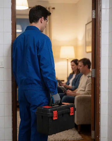 Technicien en uniforme bleu tenant une boîte à outils noire entre dans une maison avec murs carrelés blancs, client assis sur un canapé en arrière-plan.