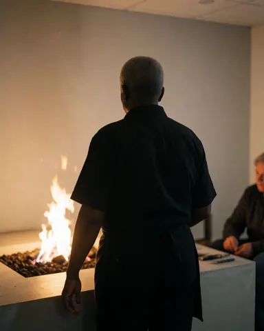 Équipe d'hébergement rural observant attentivement près d'un feu de pierre avec des murs gris clair et un client assis en arrière-plan