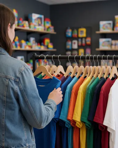 Une cliente examine un t-shirt bleu dans une boutique de souvenirs avec des étagères de jouets et des murs gris.
