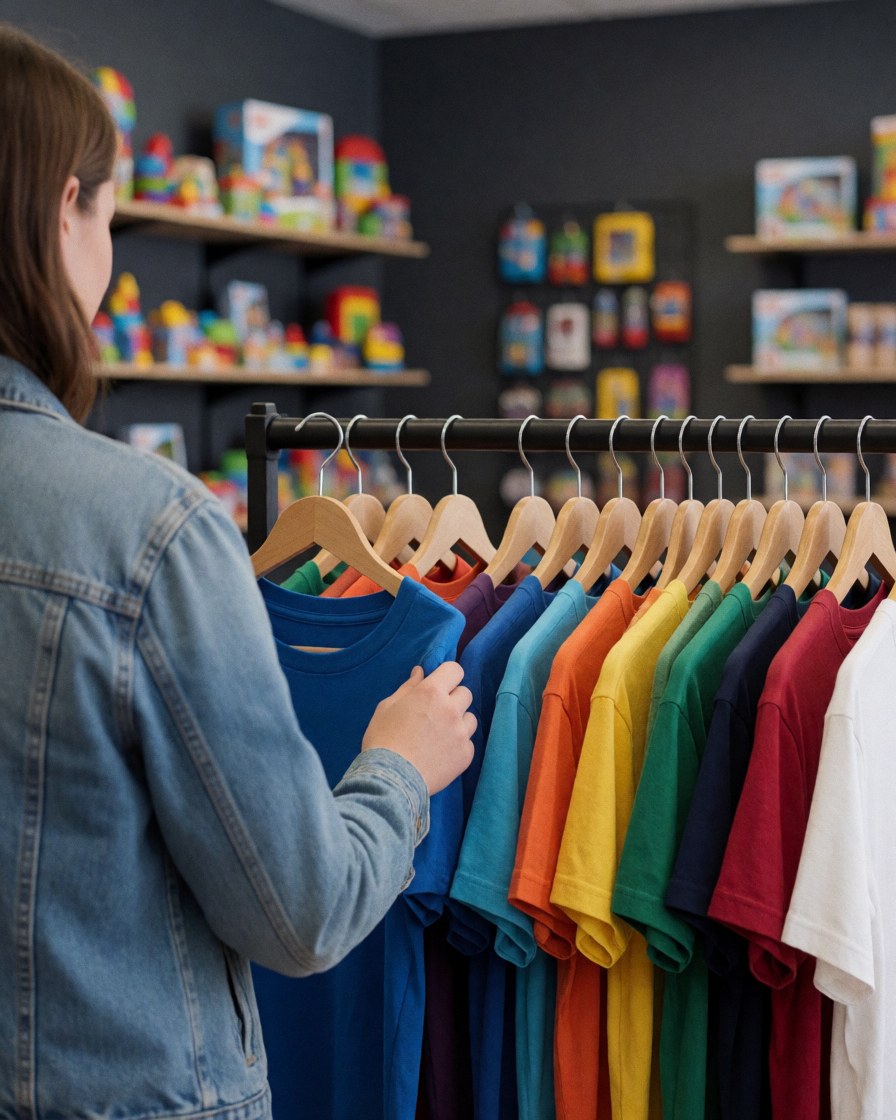 Une cliente examine un t-shirt bleu dans une boutique de souvenirs avec des étagères de jouets et des murs gris.