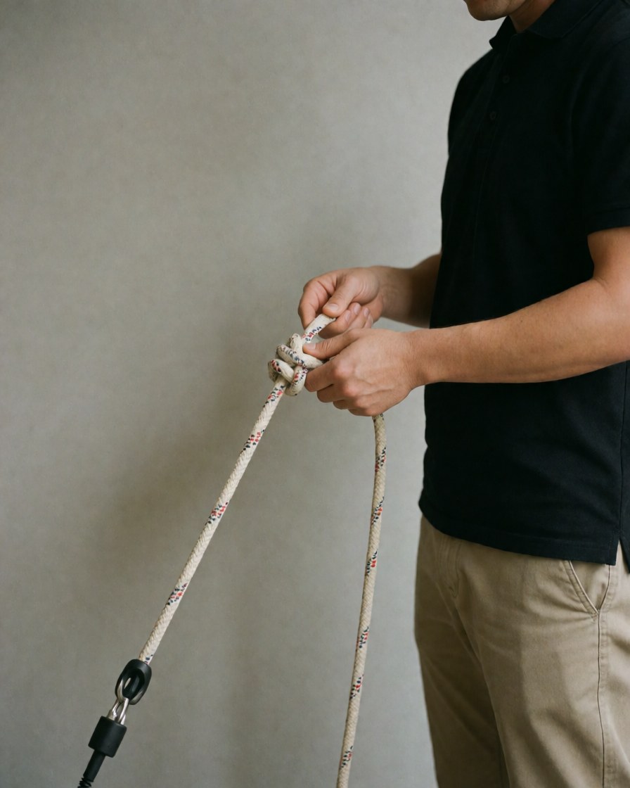 Instructeur de escalade montrant un nœud sur une corde blanche à motifs, devant un mur gris, pour une classe d'escalade en intérieur.
