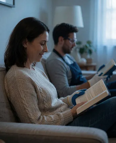 Une femme lit un livre sur un canapé tandis qu'un homme portant des lunettes de sécurité et des gants lit un livre en arrière-plan.