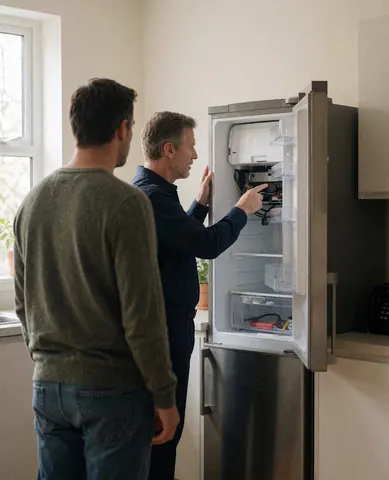 Un technicien examine l'intérieur d'un réfrigérateur en acier inoxydable pendant qu'un client observe dans une cuisine moderne éclairée par la lumière naturelle.