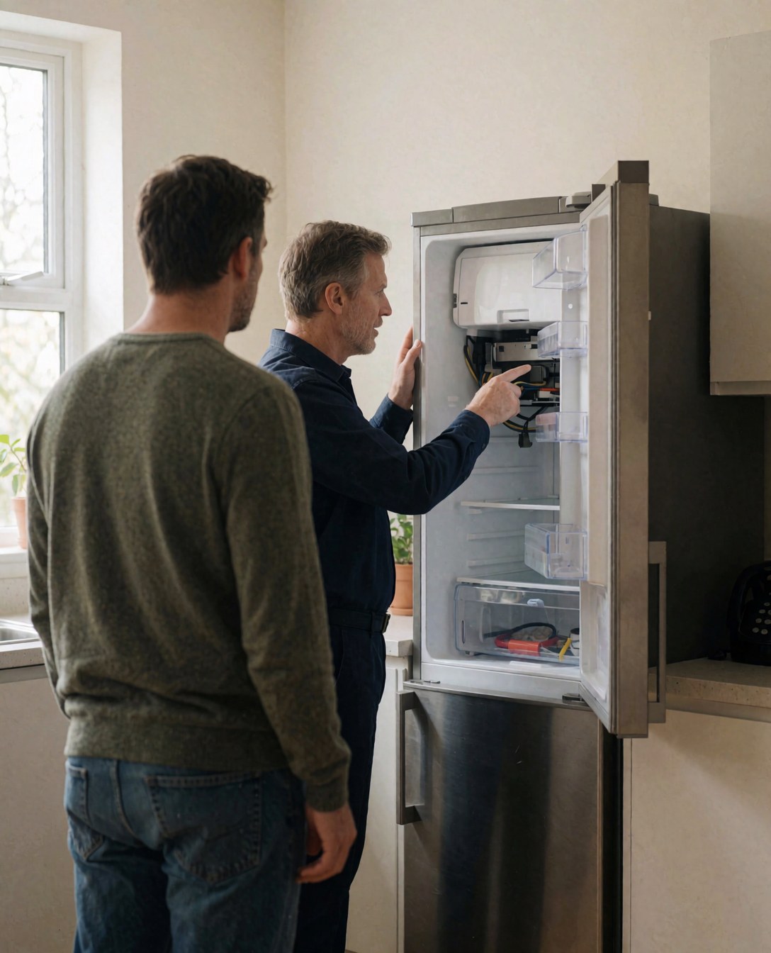 Un technicien examine l'intérieur d'un réfrigérateur en acier inoxydable pendant qu'un client observe dans une cuisine moderne éclairée par la lumière naturelle.
