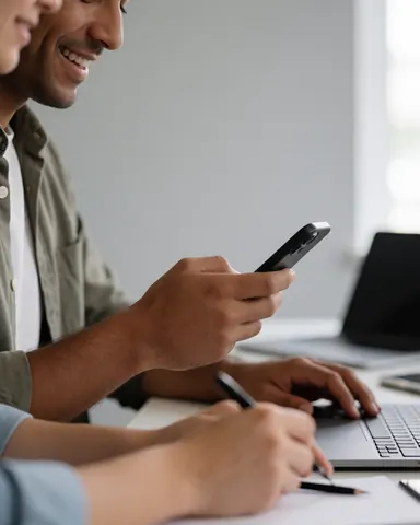 Deux personnes regardent un téléphone portable dans un bureau moderne avec un ordinateur et du papier, souriantes.