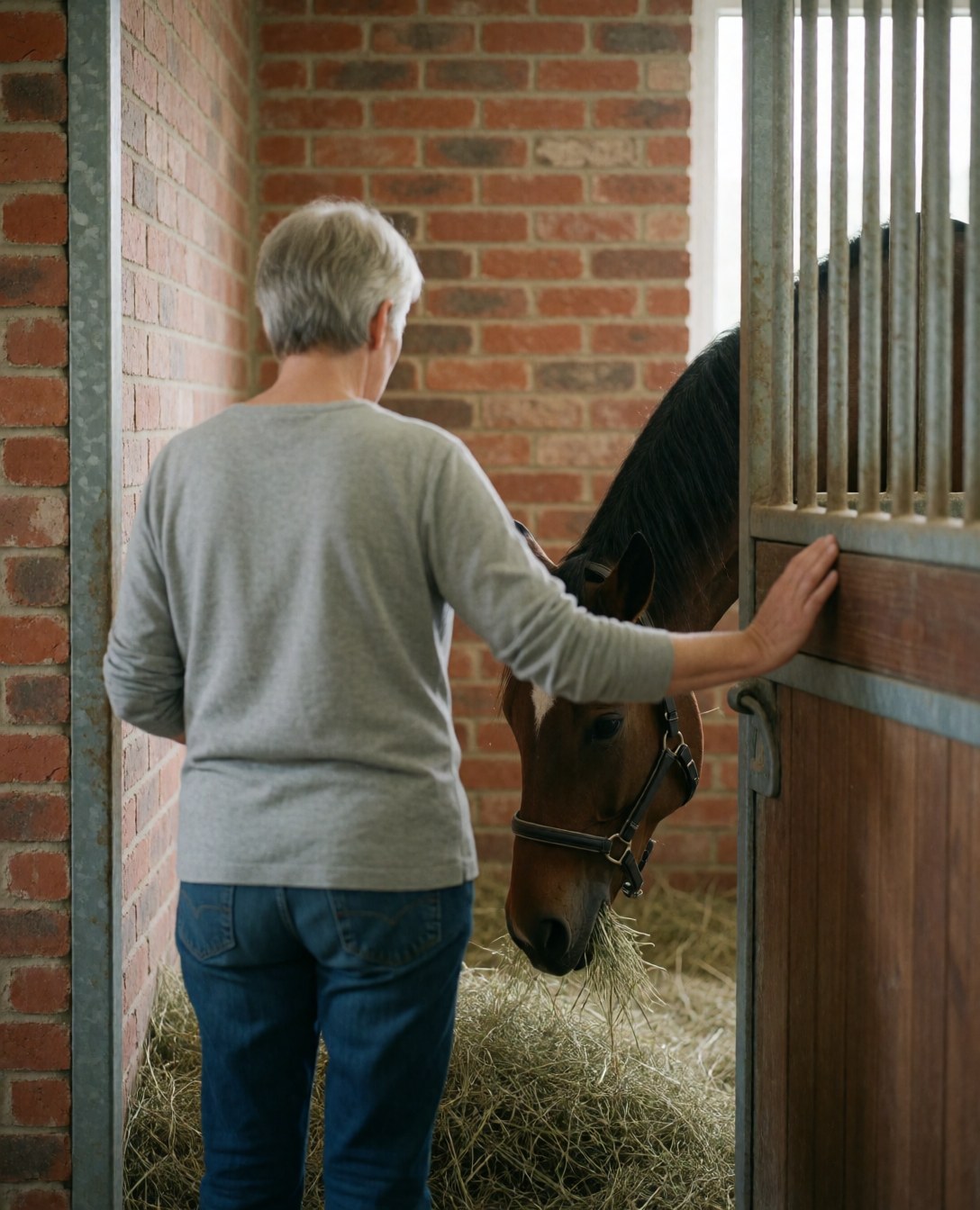 Une personne de dos observe un cheval marron manger du foin dans un enclos en briques rouges, la main posée sur une porte métallique.