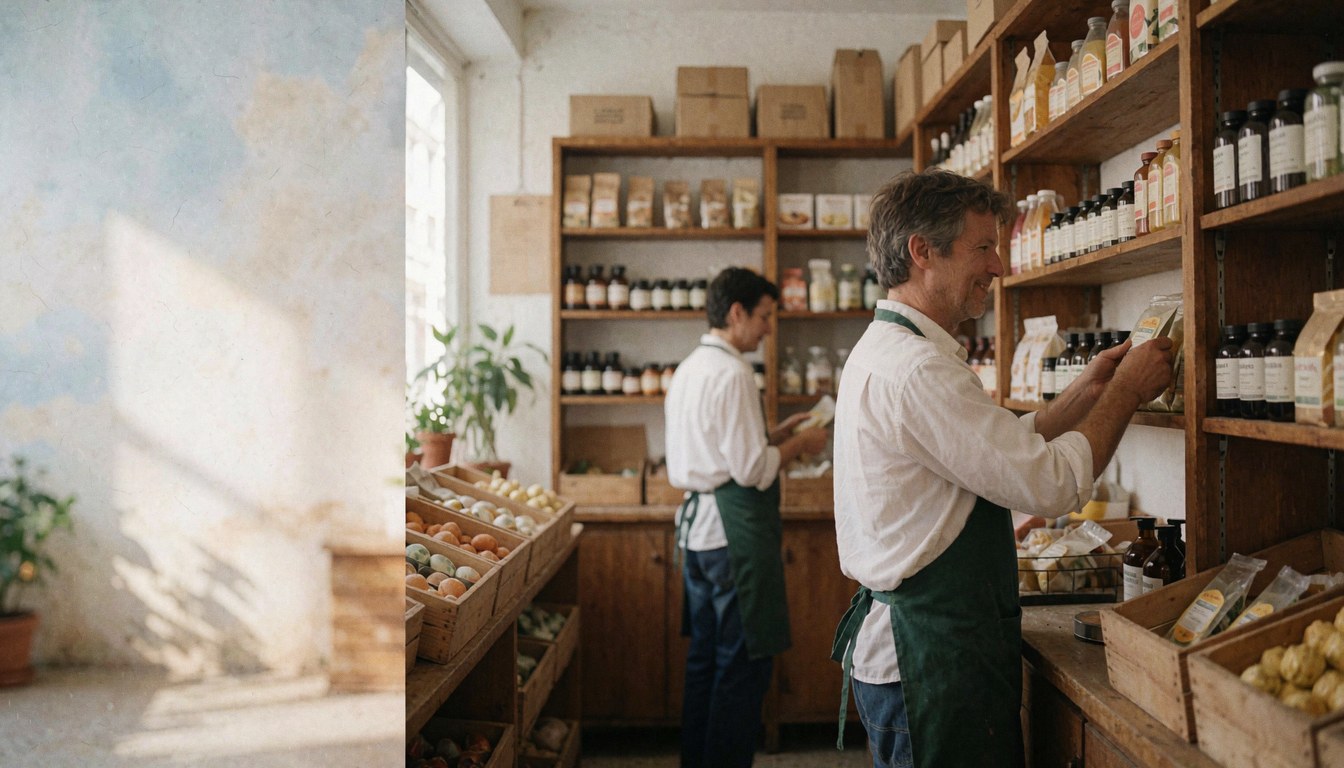 Deux employés rangent des articles dans une épicerie sur des étagères en bois, baignés de lumière naturelle, avec un espace libre pour ajouter du texte.
