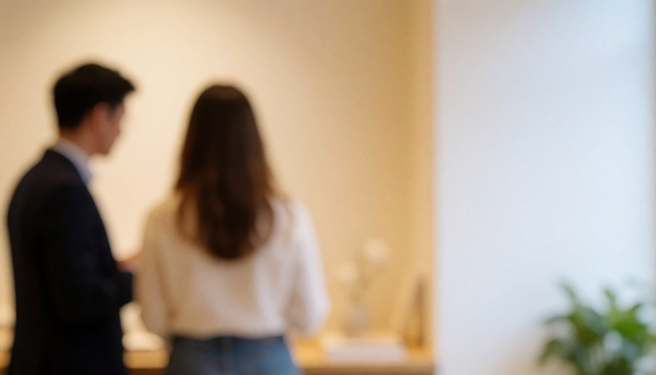 Vue arrière de deux personnes dans un intérieur aux murs clairs, laissant un espace vide à droite pour ajouter du texte.