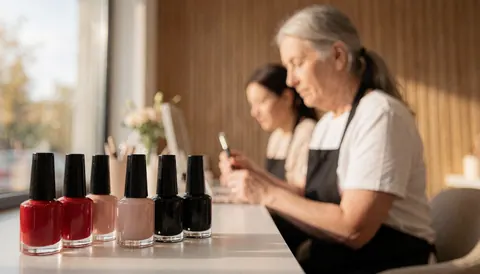 Des bouteilles de vernis à ongles colorées sont visibles en premier plan près d'une fenêtre laissant entrer la lumière naturelle.