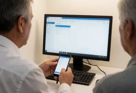Un technicien professionnel tient un smartphone pour montrer une application tout en travaillant sur un ordinateur dans un environnement de service.