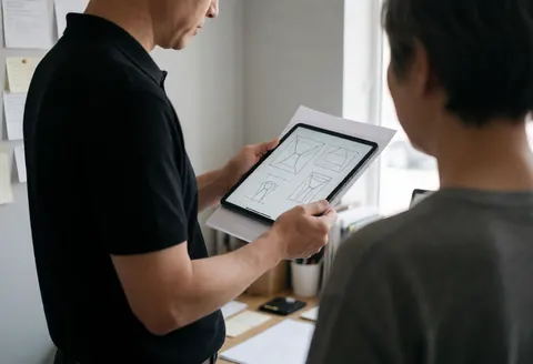Un professionnel montre des diagrammes d'éclairage sur une tablette à un client dans un studio ordonné avec lumière naturelle et murs gris clair.