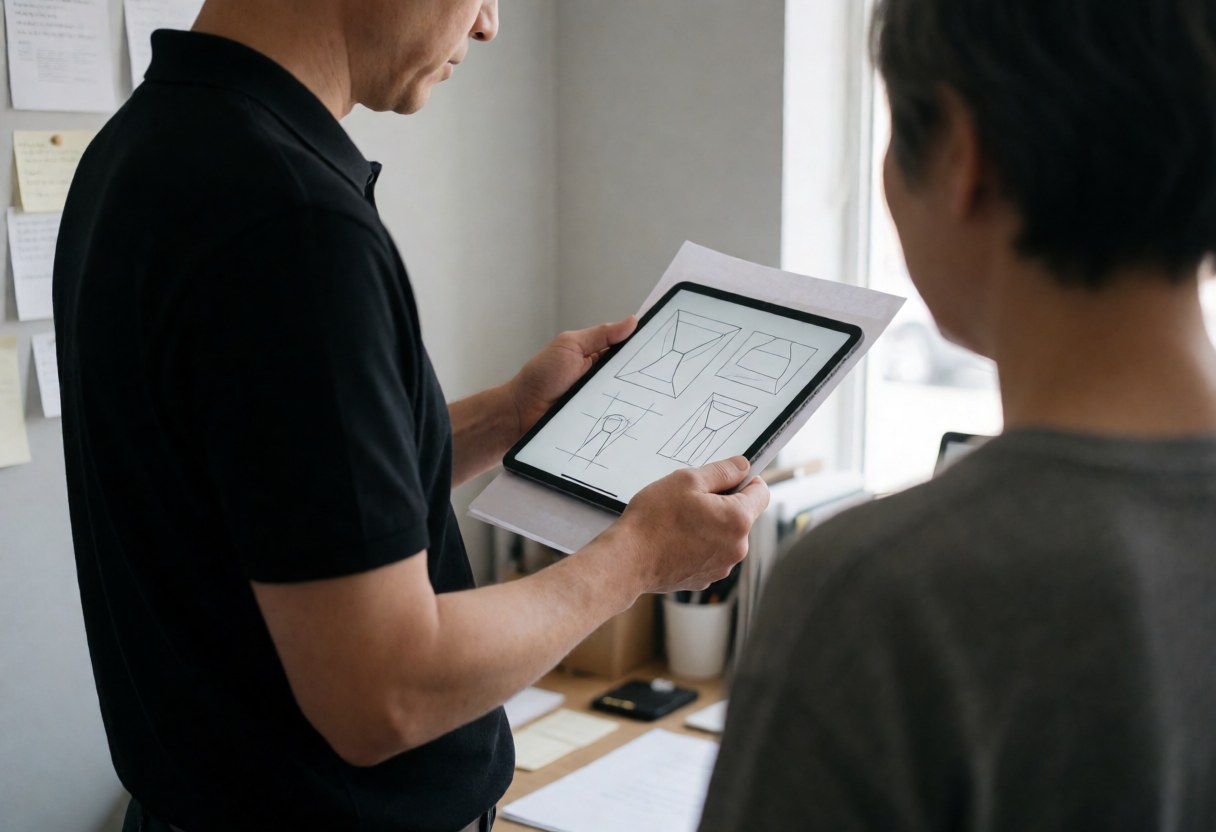 Un professionnel montre des diagrammes d'éclairage sur une tablette à un client dans un studio ordonné avec lumière naturelle et murs gris clair.
