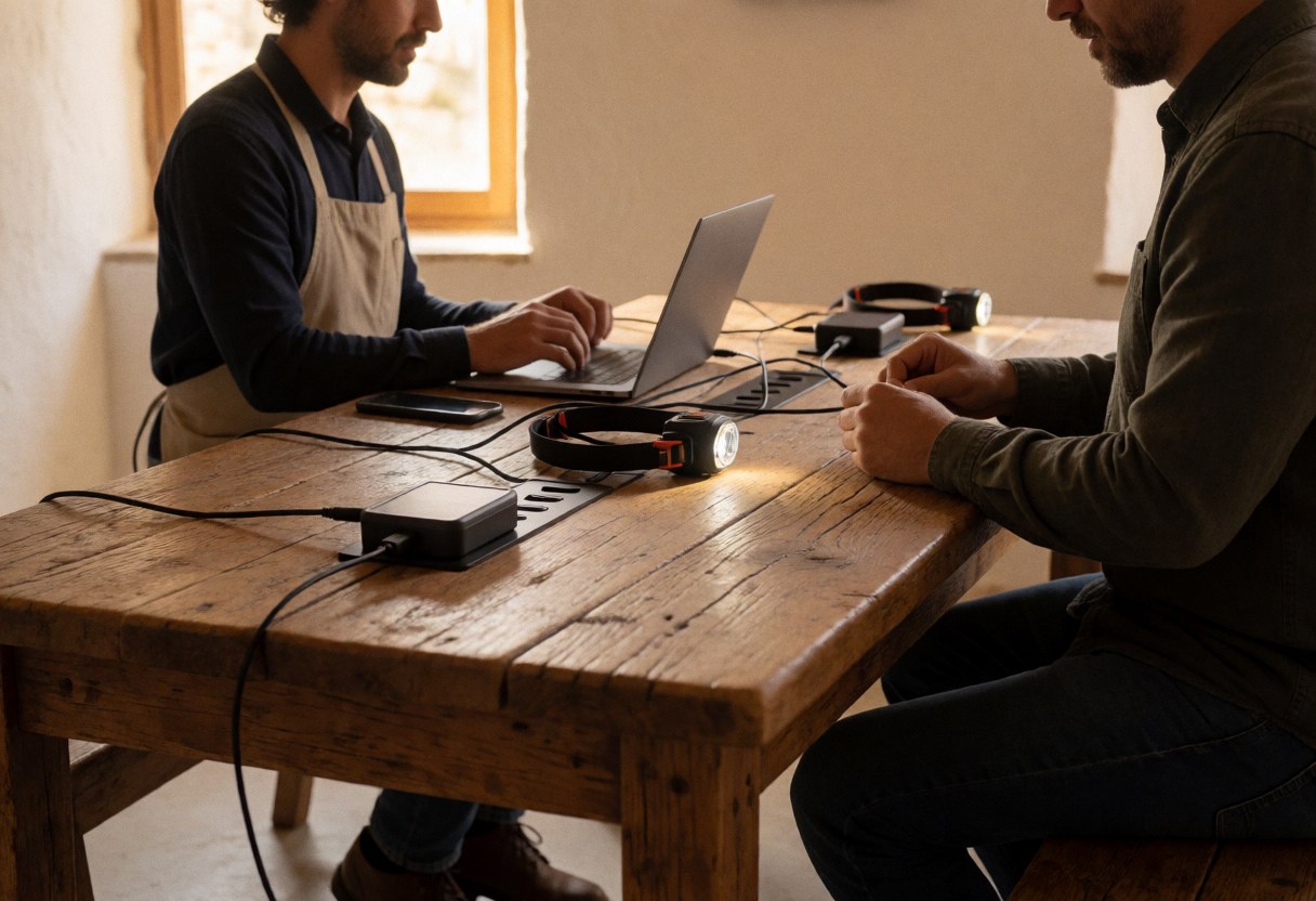 Deux personnes travaillent à une table en bois rustique dans un refuge de montagne, utilisant des chargeurs solaires et des lampes frontales.