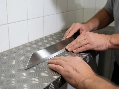 Mains affûtant un couteau sur une plaque d'acier avec des murs de carreaux blancs, détail d'outil professionnel pour entreprise.