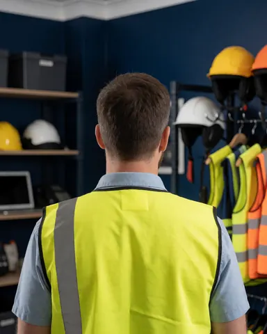 Vue arrière d'une cliente en gilet jaune examinant des casques et du matériel de sécurité sur des étagères dans un magasin aux murs bleus.
