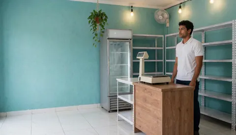 Vue intérieure d'un petit magasin d'alimentation avec des murs turquoise, un réfrigérateur, des étagères, une balance et un comptoir en bois.