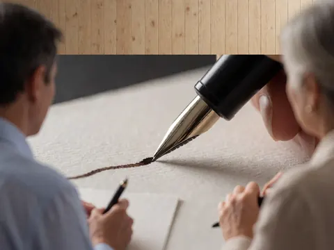 Gros plan d'un stylo à encre reposant sur une feuille de papier texturé, posée sur une surface en bois clair, évoquant le travail de bureau et la précision.