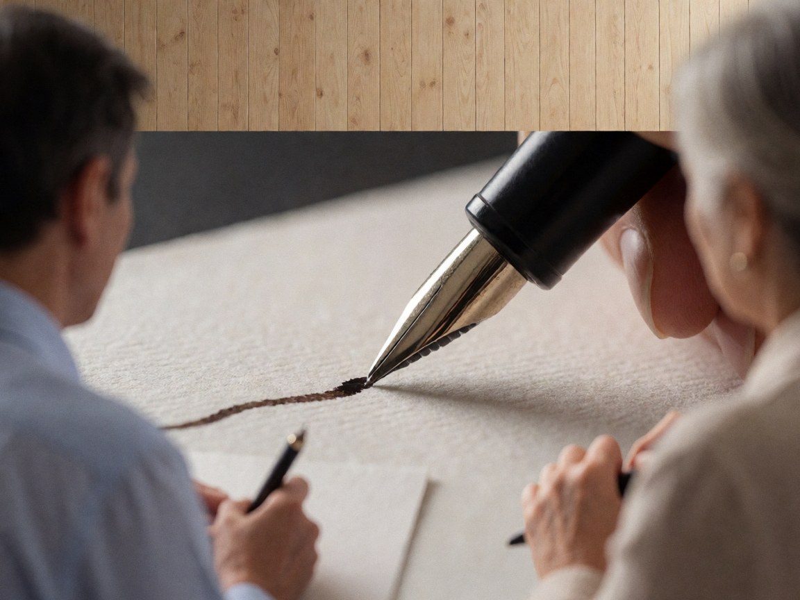 Gros plan d'un stylo à encre reposant sur une feuille de papier texturé, posée sur une surface en bois clair, évoquant le travail de bureau et la précision.